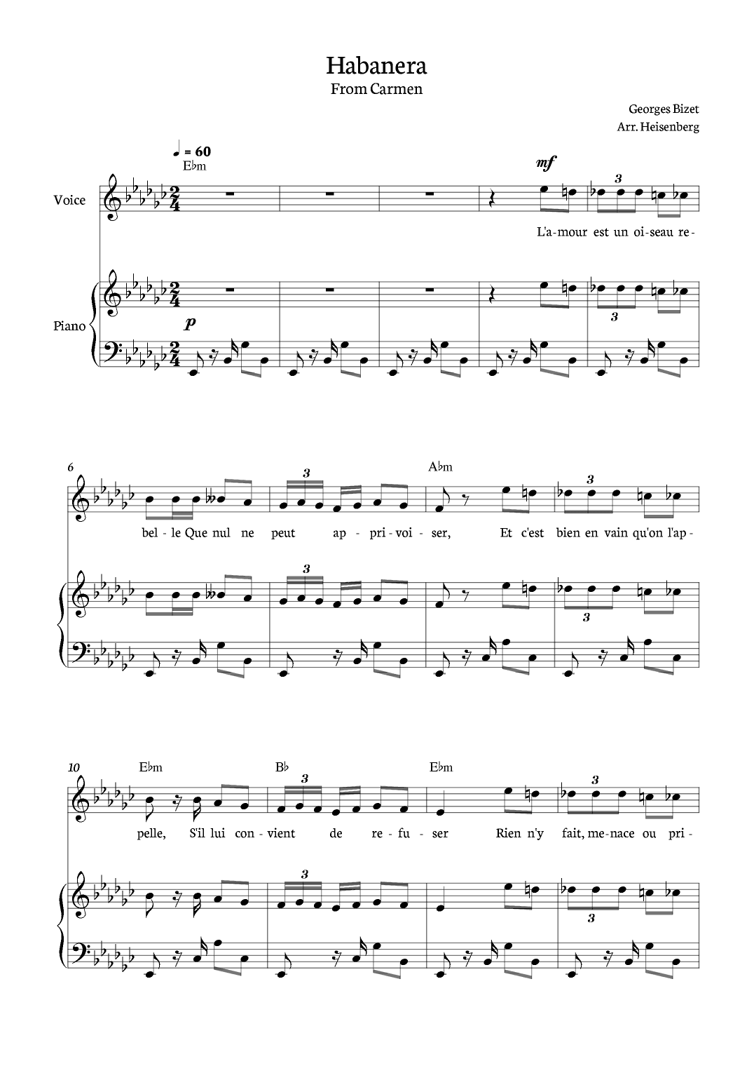 Habanera - Carmen for piano, chords and voice in Bb minor. (arr. Heisenberg)
