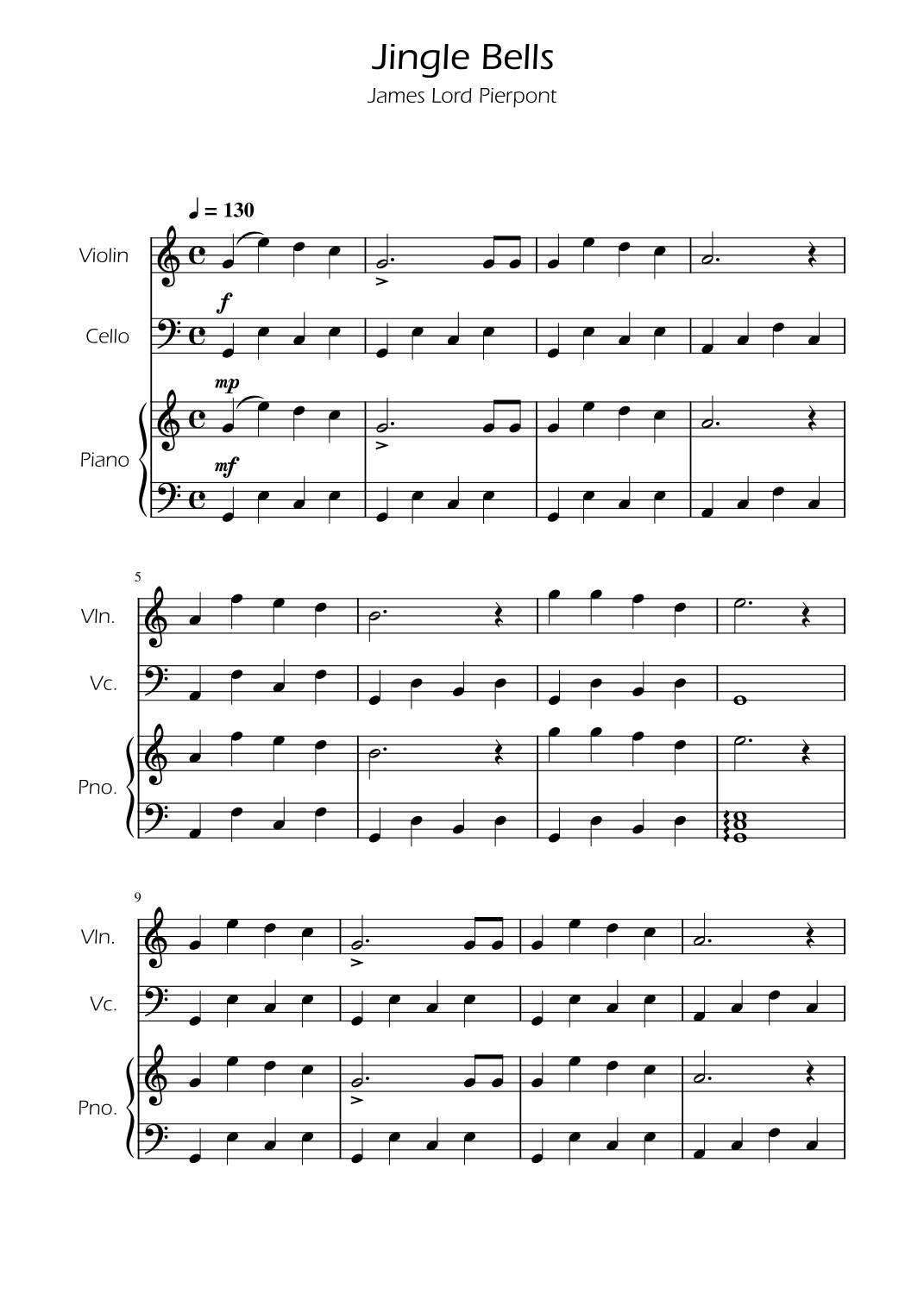 Jingle Bells - Violin and Cello Duet w/ Piano (arr. Ygor Nunes)