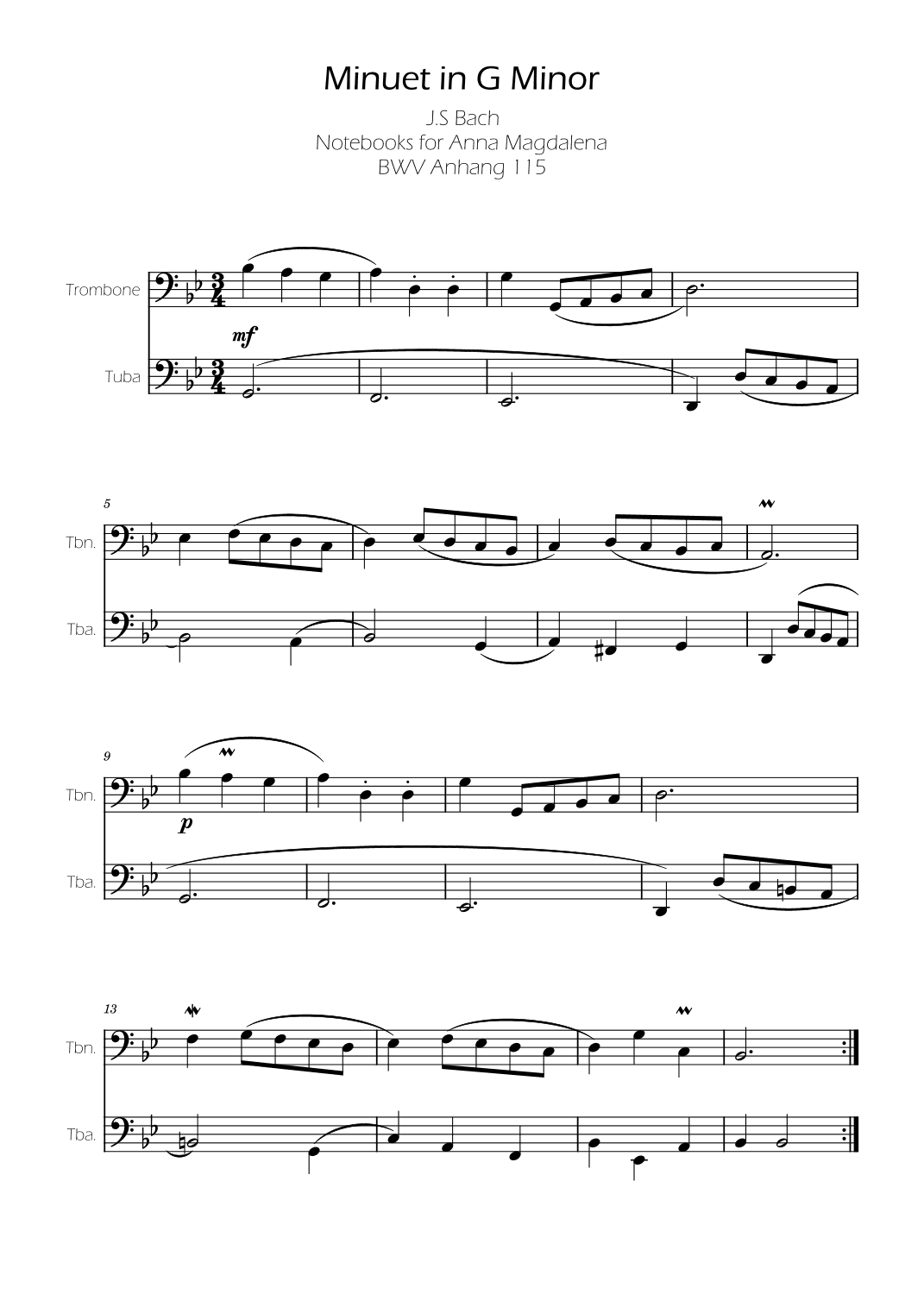 Minuet in G minor BWV Anh. 115 - Bach - Trombone and Tuba (arr. Ygor Nunes)