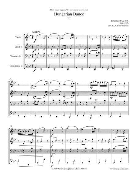 Hungarian Dance No.5 - 2 Violins and 2 Cellos (arr. Anne L Christopherson GRSM ARCM)