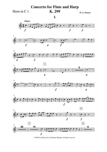 Wolfgang Amadeus Mozart: Concerto for flute and harp, K. 299, Horn in  C 1 part (arr. Musik Fabrik Music Publishing)
