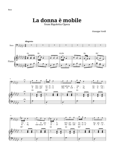La donna è mobile in G-flat major for Bass and Piano (arr. Langanho)