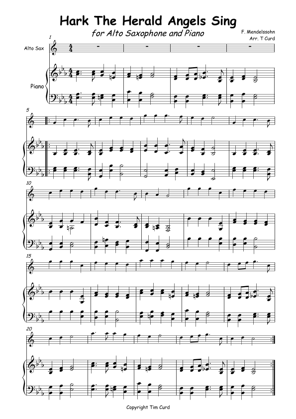Hark The Herald Angels Sing for Solo Alto Saxophone and Piano (arr. Tim Curd)