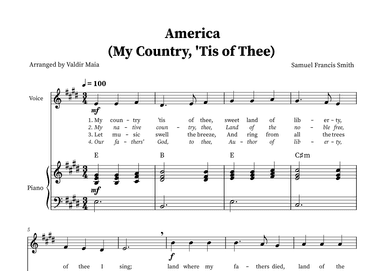 America (My Country, 'Tis of Thee) - Voice and Piano in E (+CHORDS) (arr. Valdir Maia)