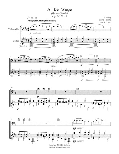 An der Wiege (By the Cradle), Op. 68, No. 5 (Cello and Guitar) - Score and Parts (arr. K. Love)