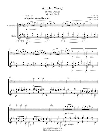 An der Wiege (By the Cradle), Op. 68, No. 5 (Cello and Guitar) - Score and Parts (arr. K. Love)