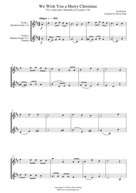 We Wish You a Merry Christmas (for violin duet, suitable for grades 2-6) (arr. Edwin Sung)