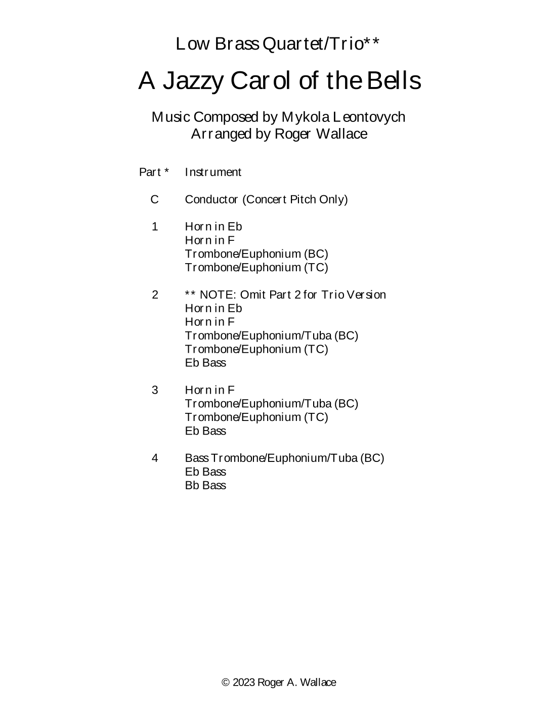 Carol of the Bells (Jazz Waltz for Low Brass Trio) (arr. Roger Wallace)
