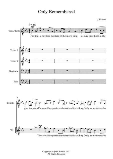 Only Remembered re-scored to TTBB with Tenor Solo