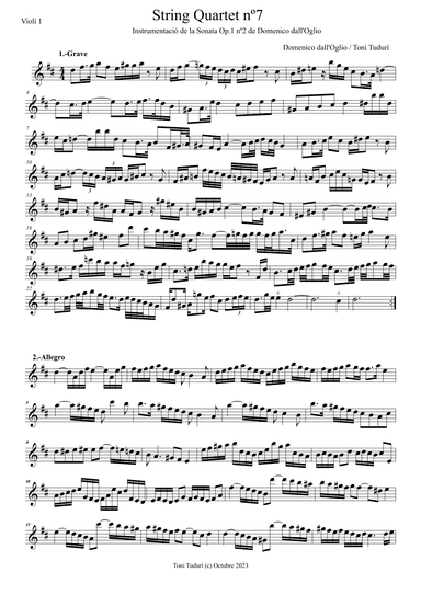String quartet nº7-Toni Tudurí (instrum. of Domenico dall'Oglio violin Sonata Op1nº2 in D Major) (arr. Toni Tudurí)