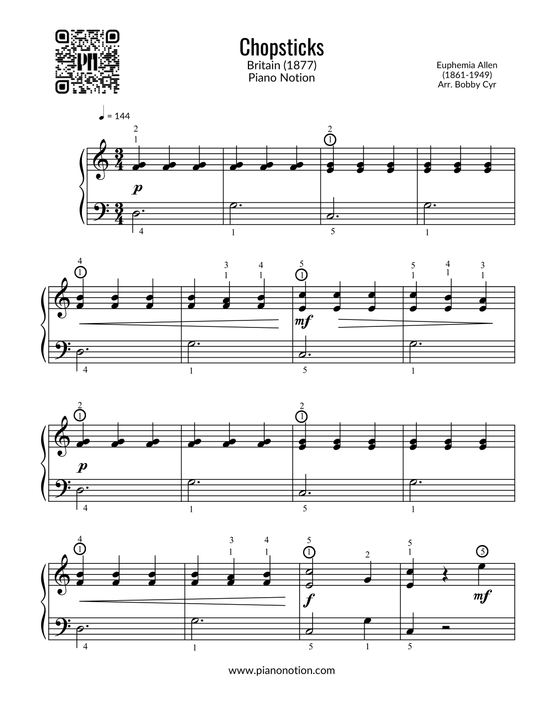 Chopsticks (Easy Piano) (arr. Bobby Cyr - Piano Notion)