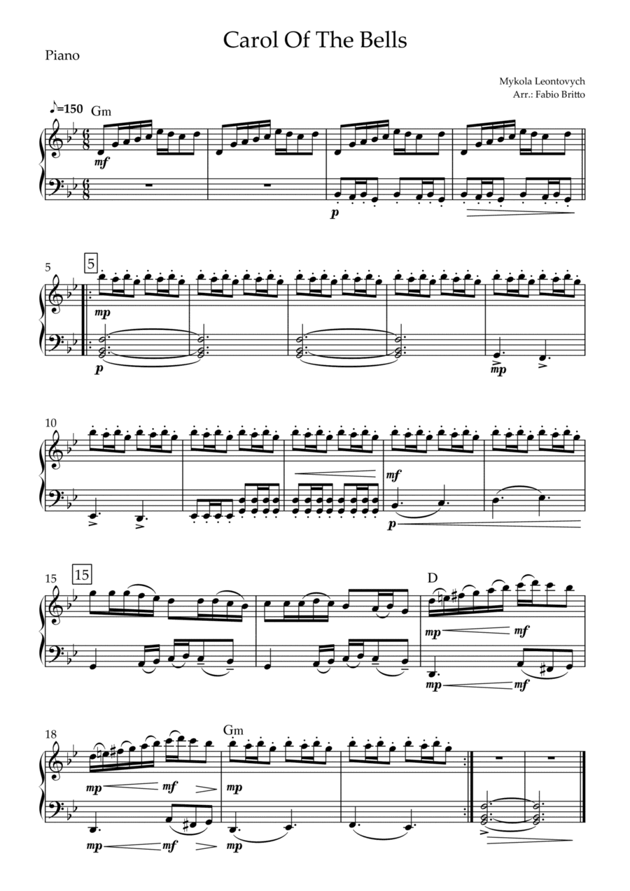 Carol Of The Bells (Christmas Song) for Piano Solo with Chords (arr. Fabio Britto)