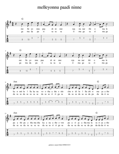 melle onnu paadi ninne (arr. indian guitar lessons)