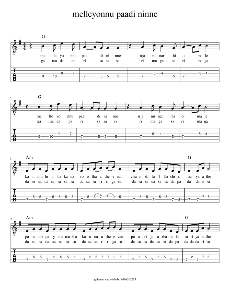 melle onnu paadi ninne (arr. indian guitar lessons)