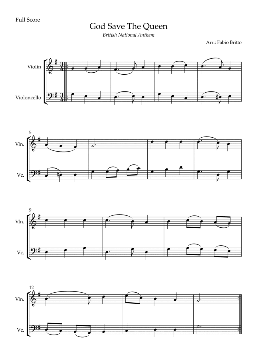 God Save The Queen (British National Anthem) for Violin & Cello Duo (arr. Fabio Britto)
