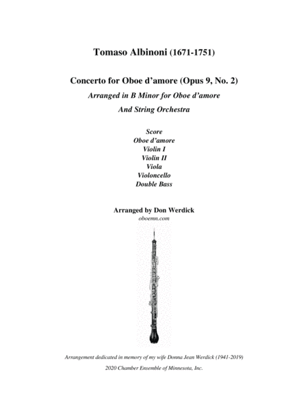 Concerto for Oboe d’amore, Op. 9 No. 2 and String Orchestra (arr. Don Werdick (1946 - ))