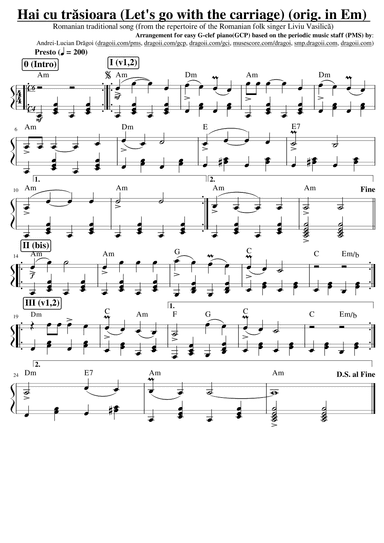 Anonymous - Hai cu trasioara (Let's go with the carriage) - Romanian traditional - G-clef piano PMS (arr. Dragoi Andrei Lucian)