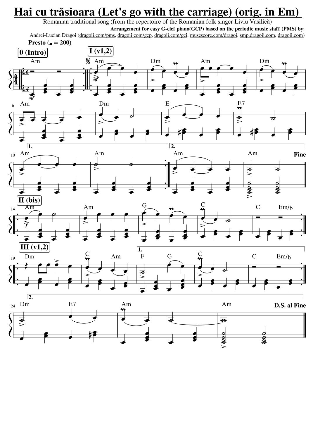 Anonymous - Hai cu trasioara (Let's go with the carriage) - Romanian traditional - G-clef piano PMS (arr. Dragoi Andrei Lucian)