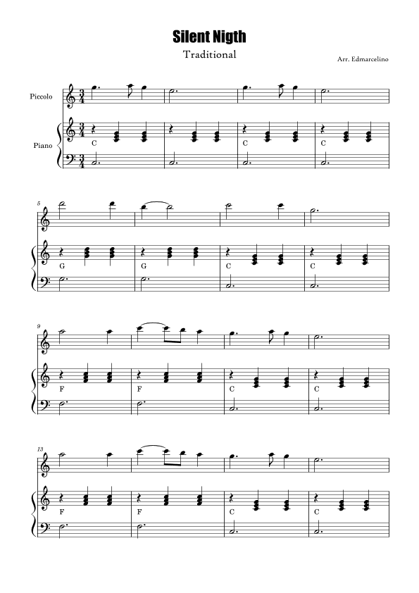 Piccolo and Piano Version 2 Sheet Music for Christmas Song "Silent Nigth" to Intermediate (Chords ) (arr. Edmarcelino)