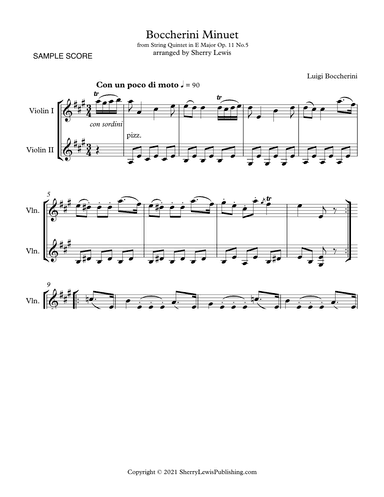 MINUET by BOCCHERINI, DUET FOR 2 VIOLINS, Intermediate Level (arr. Sherry Lewis)