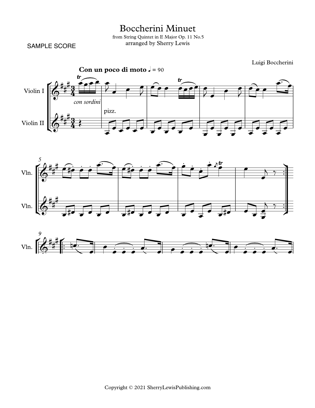 MINUET by BOCCHERINI, DUET FOR 2 VIOLINS, Intermediate Level (arr. Sherry Lewis)