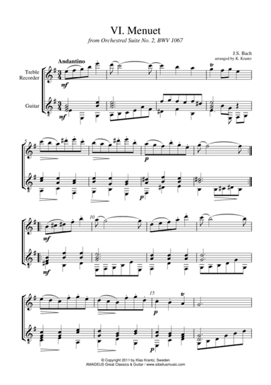 Menuet Suite 2 BWV 1067 for treble recorder and guitar (arr. K. Krantz)