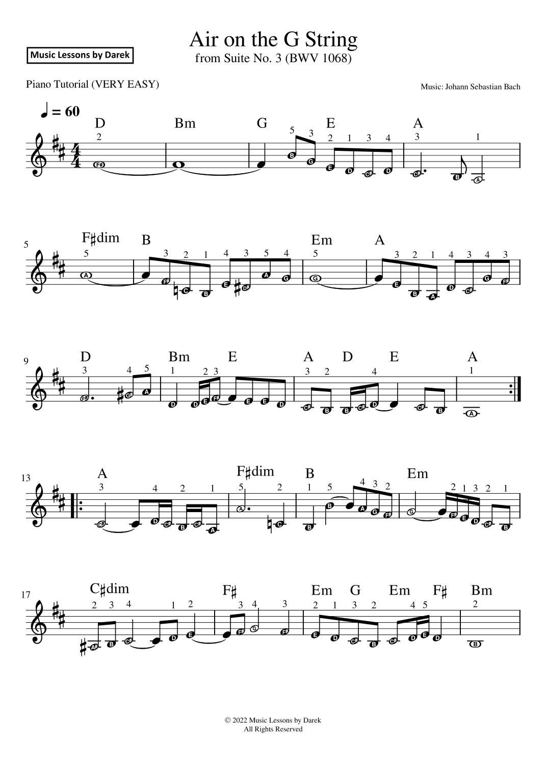 Air on the G String (VERY EASY PIANO) from Suite No. 3 (BWV 1068) [Johann Sebastian Bach] (arr. Darek)
