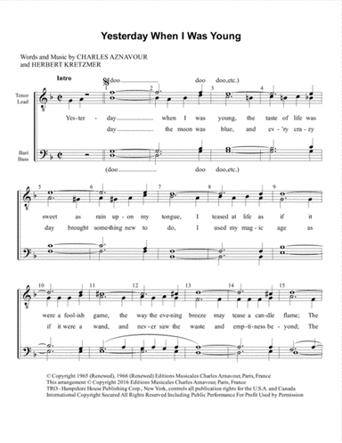 Yesterday, When I Was Young (hier Encore) (arr. Tom Gentry)