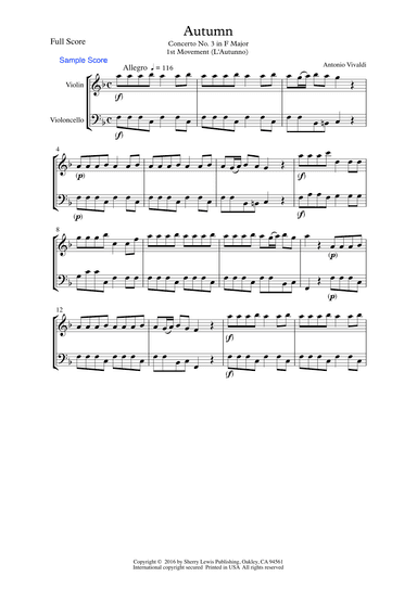 AUTUMN, Allegro by Vivaldi String Duo, Intermediate Level for violin and cello (arr. Sherry Lewis)