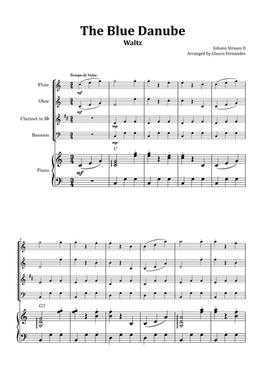 The Blue Danube - Woodwind Quartet with Piano and Chord Notations (arr. Glauco Fernandes)