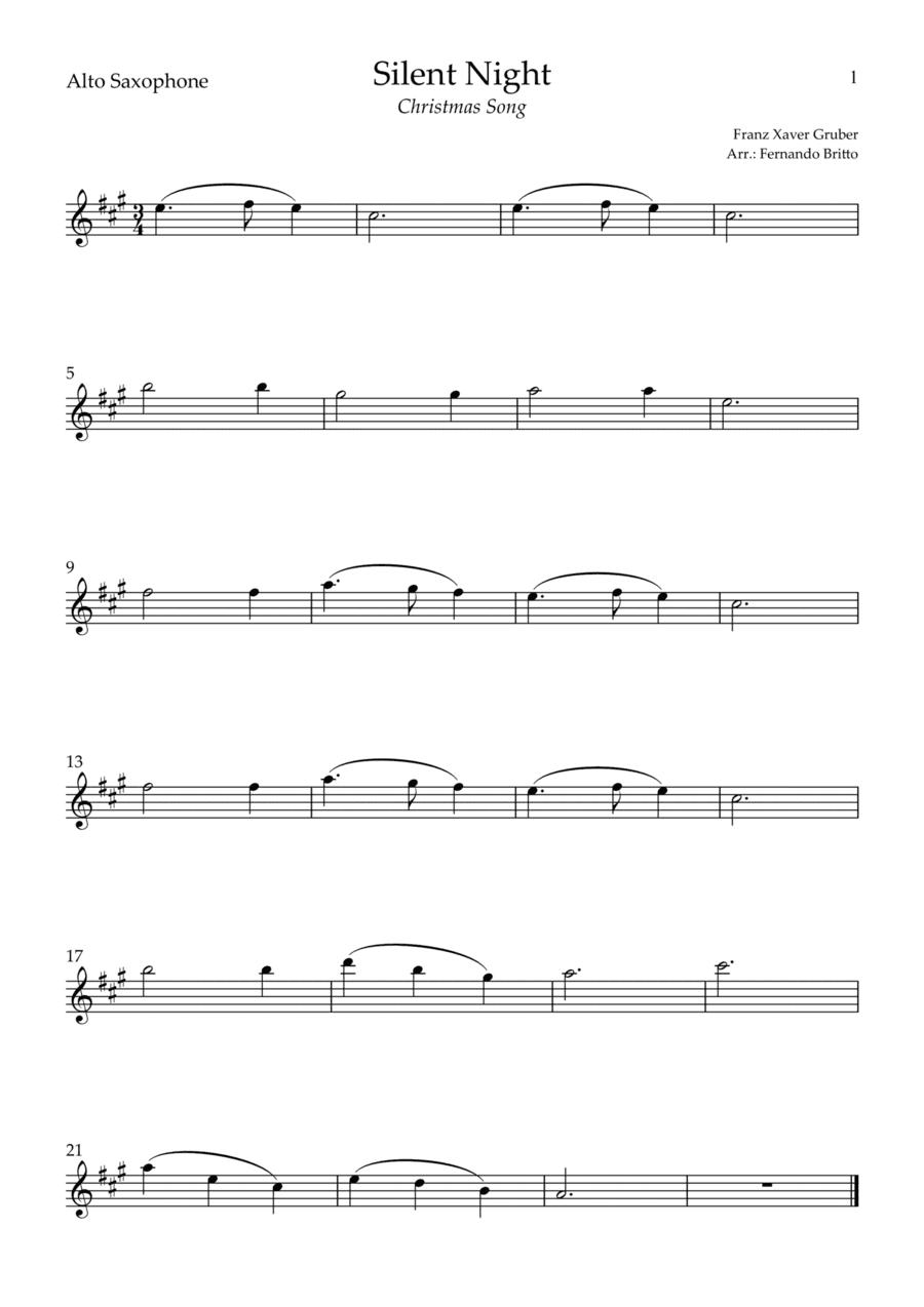 Silent Night (Christmas Song) for Alto Saxophone Solo (C Major) (arr. Fernando Britto)