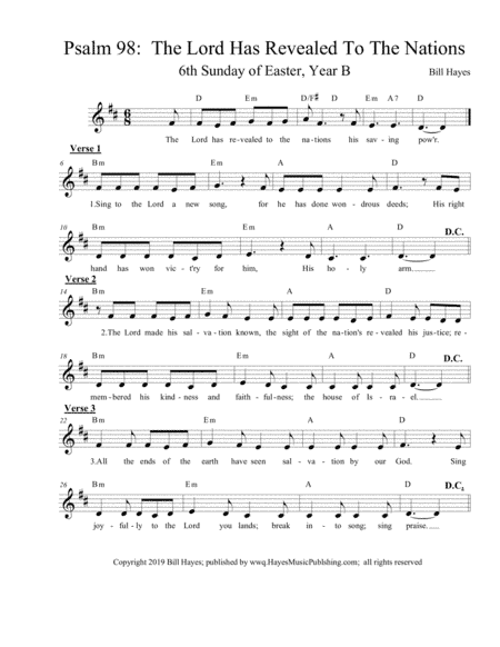 Psalm 98:  The Lord Has Revealed To The Nations (6th Sunday of Easter, Year B)