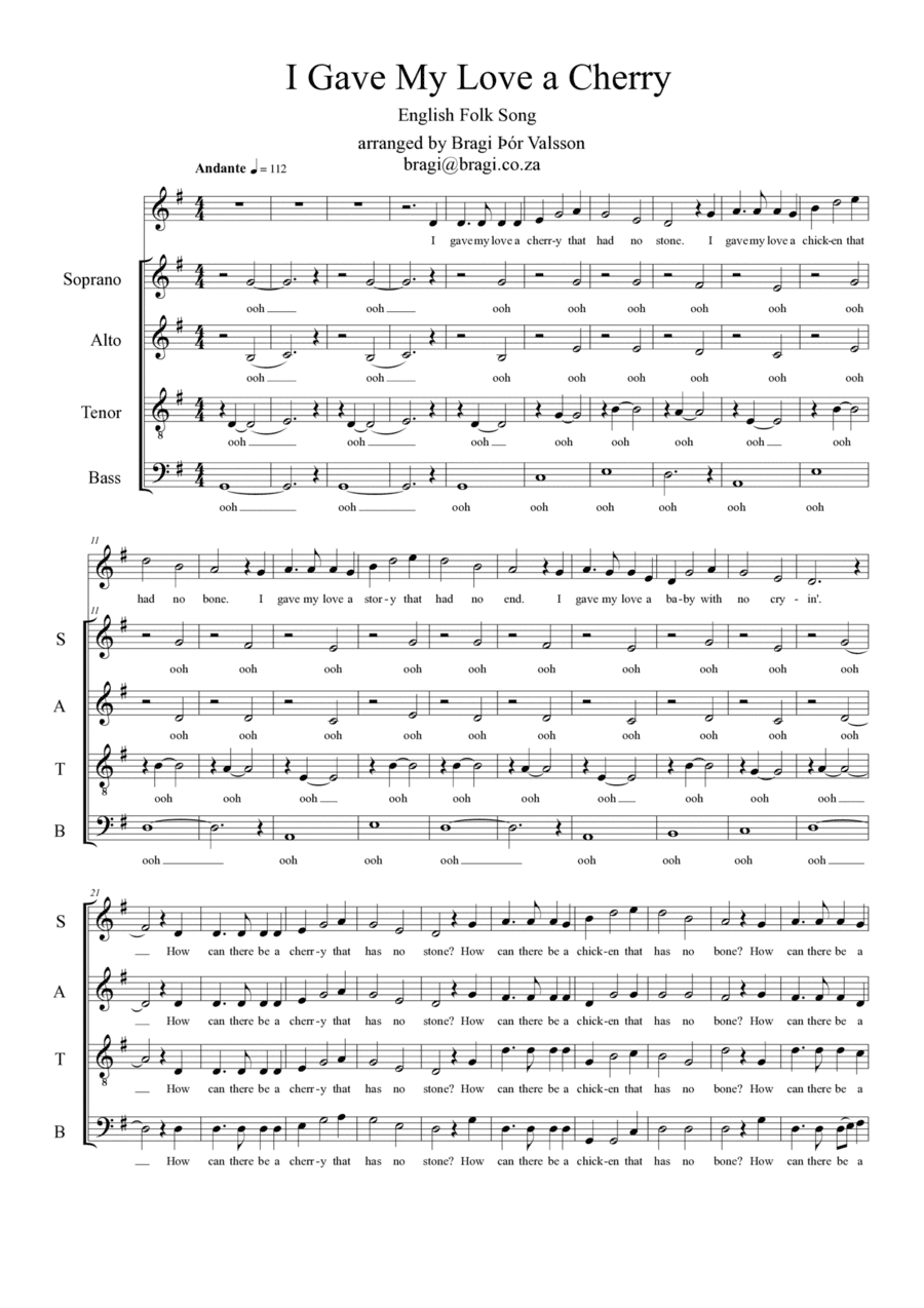 I Gave My Love a Cherry - SATB+solo a capella (arr. Bragi Thor Valsson)