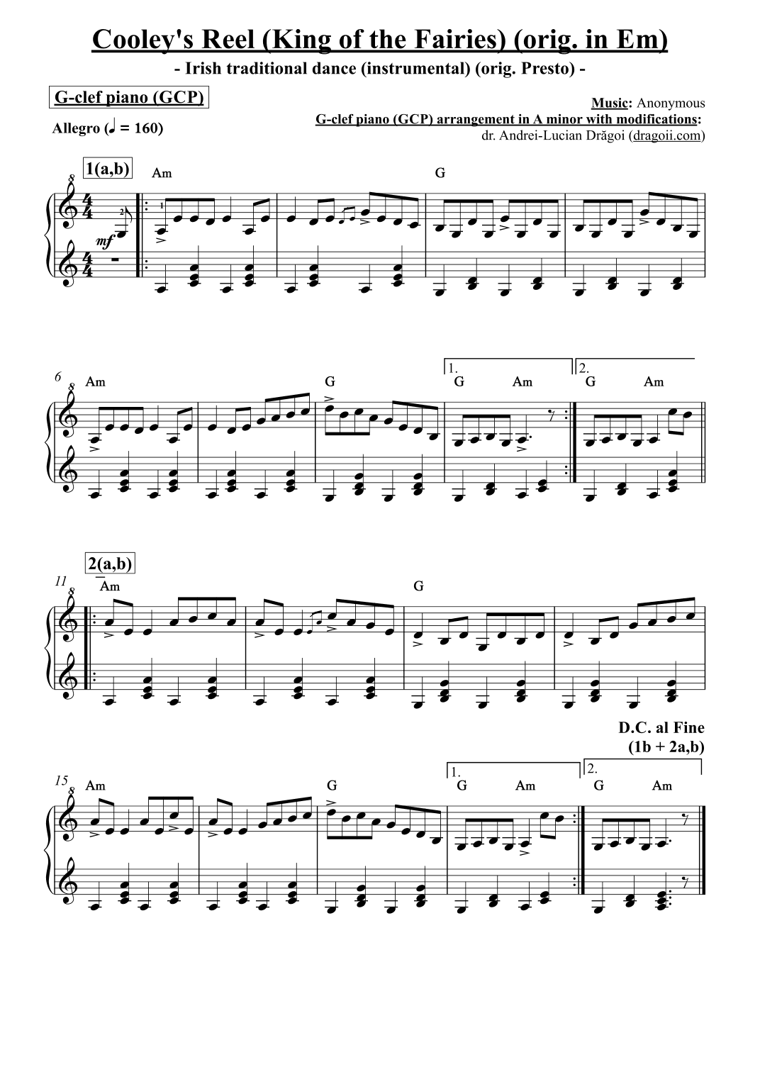 Anonymous - Cooley's Reel (King of the Fairies) (Irish dance theme) - G-clef piano arrangement in Am (arr. Andrei-Lucian Drăgoi (dragoii.com))