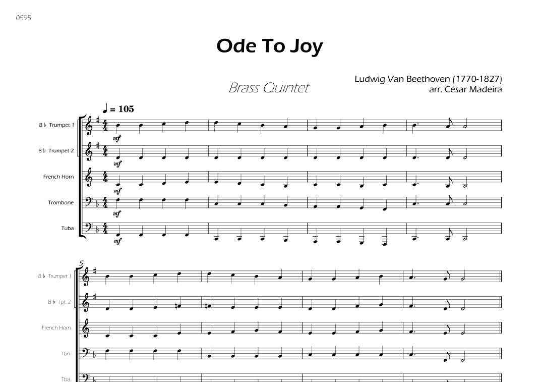 Ode To Joy - Easy Brass Quintet (Full Score) - Score Only (arr. César Madeira)