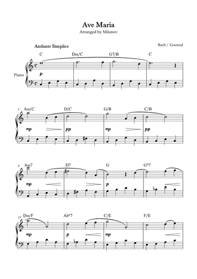 Ave Maria Bach Gounod in C Easy Intermediate Piano Chord (arr. Milanov)