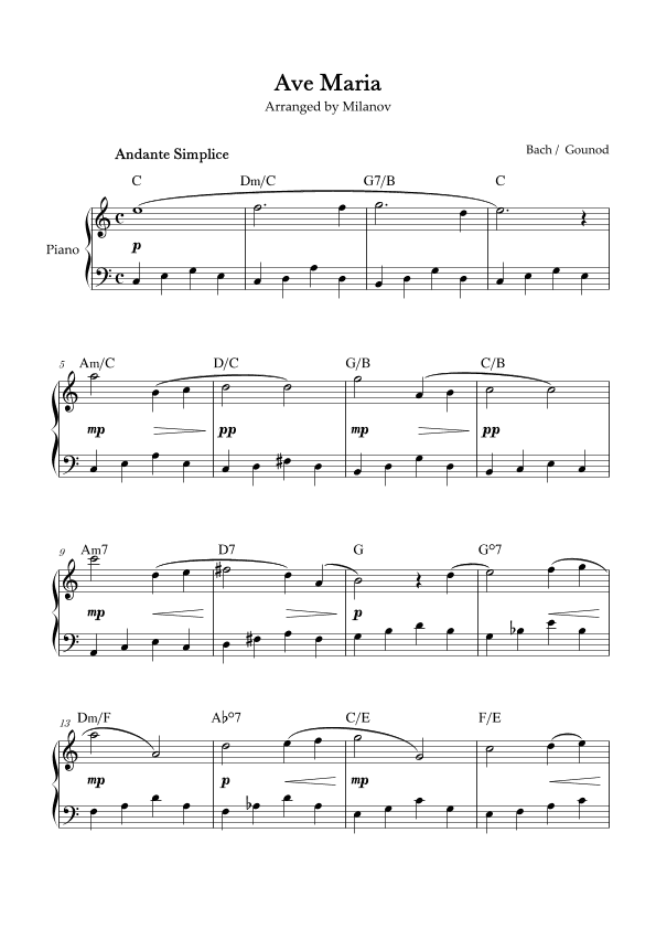 Ave Maria Bach Gounod in C Easy Intermediate Piano Chord (arr. Milanov)