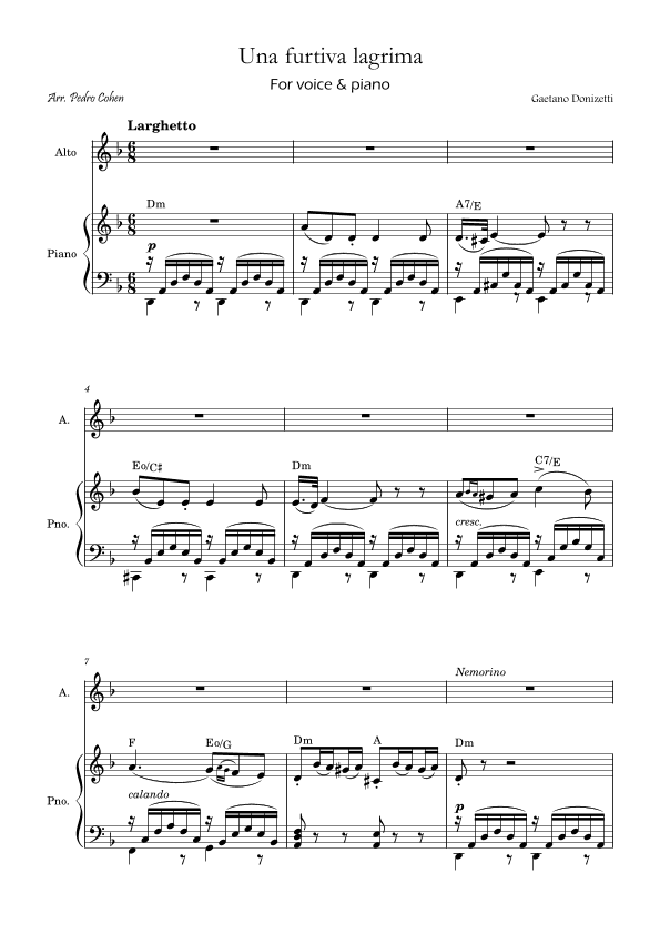Una Furtiva Lagrima (For contralto in Dm) (arr. Pedro Cohen)
