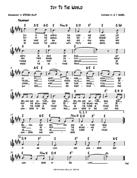 Joy To The World - Lead sheet (melody, lyrics & chords) in key of E (arr. Stephen Bulat)