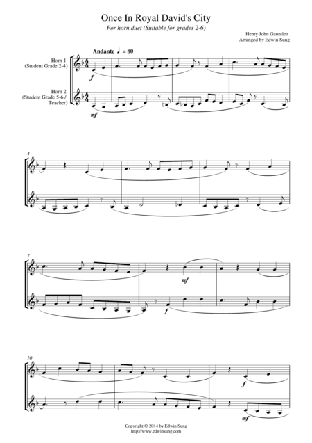 Once In Royal David’s City (for horn duet, suitable for grades 2-6) (arr. Edwin Sung)
