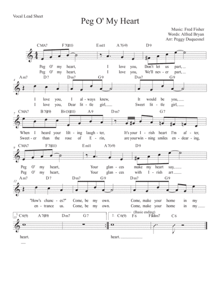 Peg O' My Heart (Key of C) (arr. Peggy Duquesnel)