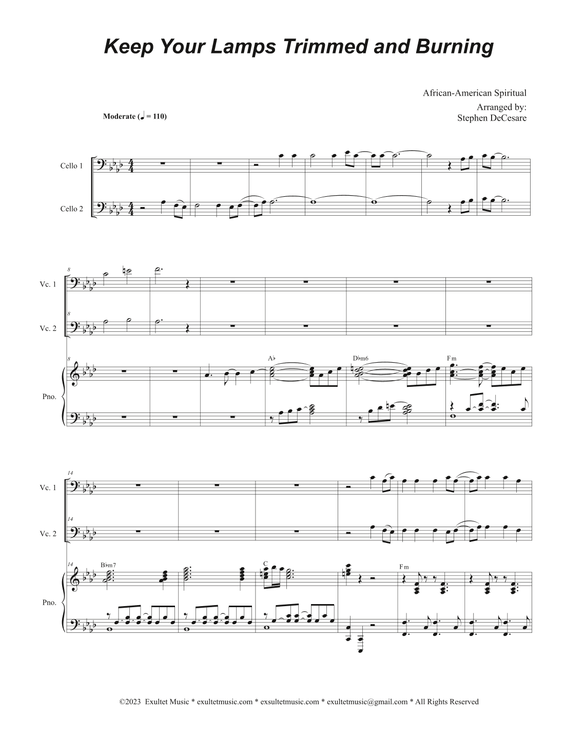 Keep Your Lamps Trimmed And Burning (Cello Duet) (arr. Stephen DeCesare)