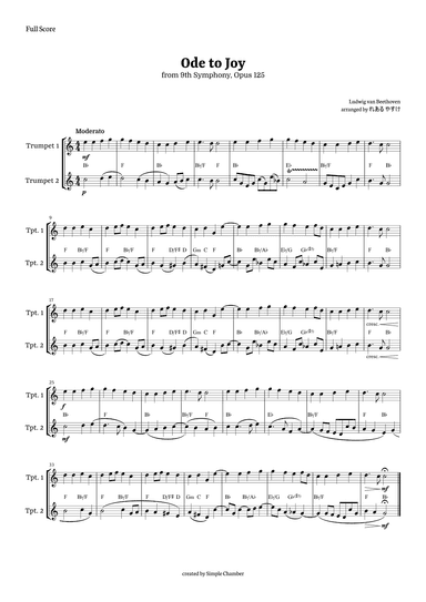 Ode to Joy for Trumpet Duet by Beethoven Opus 125 (arr. れある やすけ)