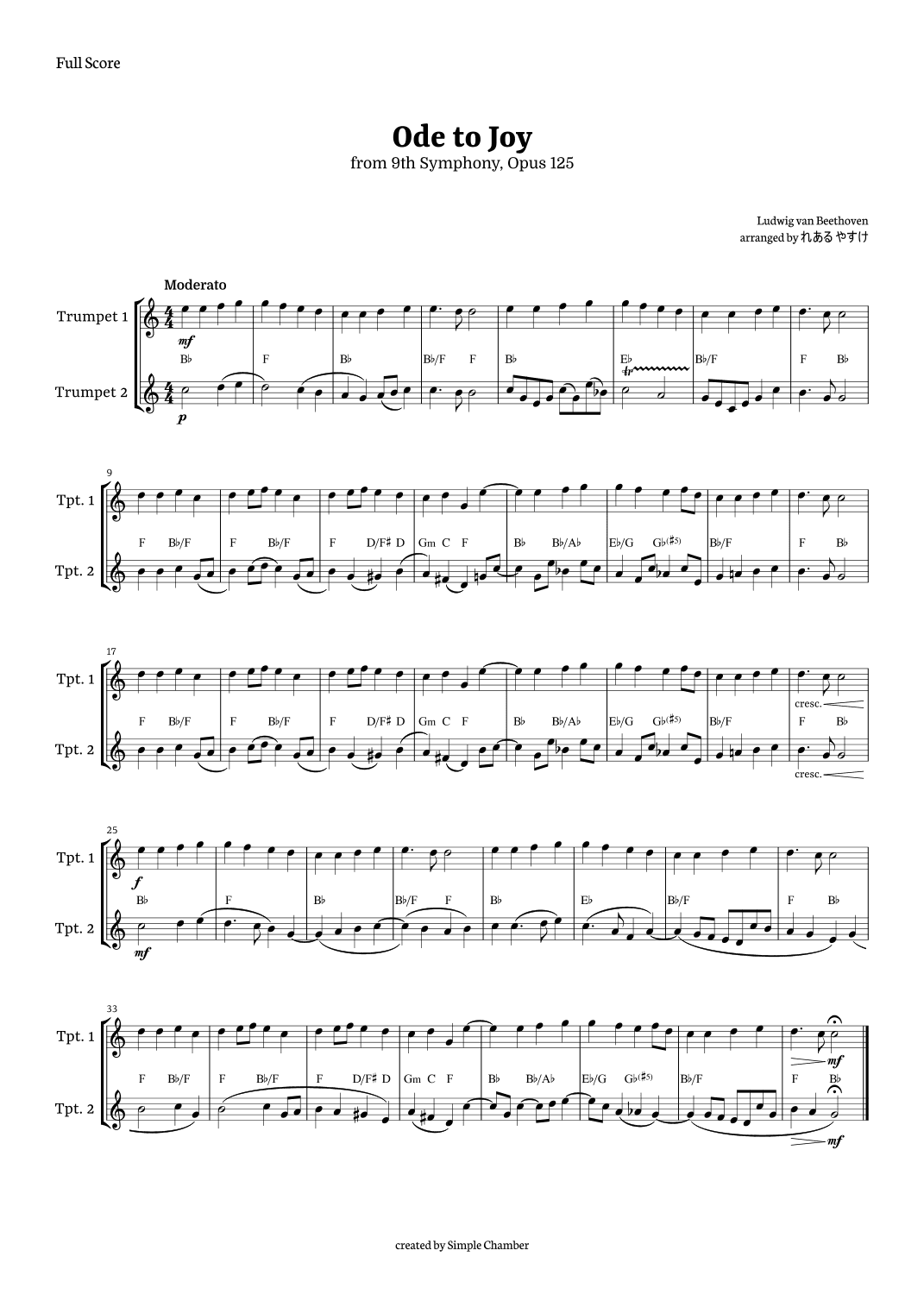 Ode to Joy for Trumpet Duet by Beethoven Opus 125 (arr. れある やすけ)