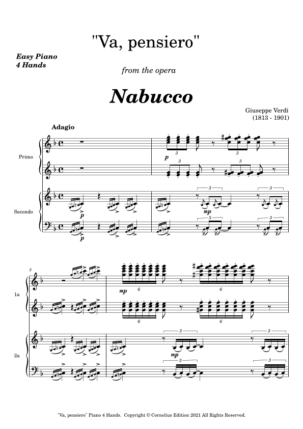 "Speed Your Journey" "Va, Pensiero" Verdi Nabucco. Chorus of the Hebrew Slaves. PIANO 4 HANDS. (arr. Glenn Martin)