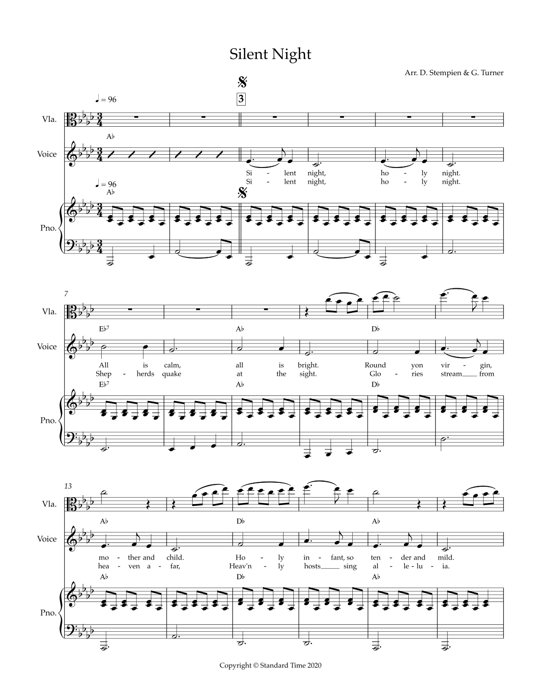 Silent Night for Vocal Solo with Viola and Piano Accompaniment (Christmas) (arr. Debra E. Stempien, Gregory H. Turner)