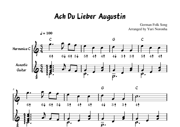 Ach Du Lieber Augustin - For Harmonica C and Acoustic Guitar - Duet (Very easy German Folk Song) (arr. Yuri Noronha)