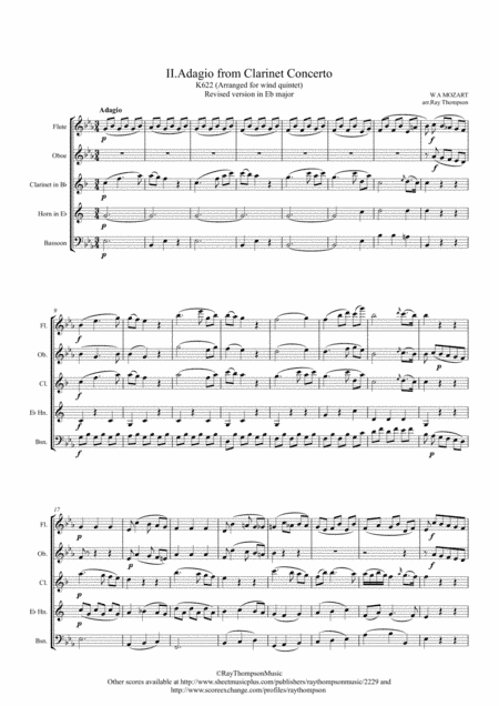Mozart: Clarinet Concerto K622 Mvt.II Adagio (transposed into Eb) - wind quintet (clarinet feature) (arr. Ray Thompson)