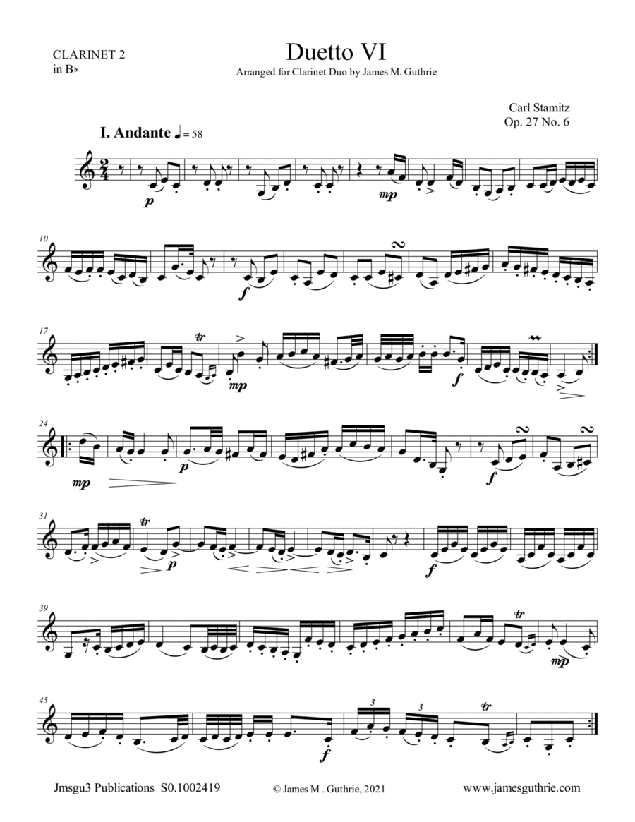 Stamitz: Duet Op. 27 No. 6 for Clarinet Duo (arr. James M. Guthrie)