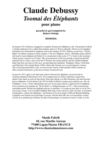 Claude Debussy: Toomai des éléphants for solo piano, completed by Robert Orledge